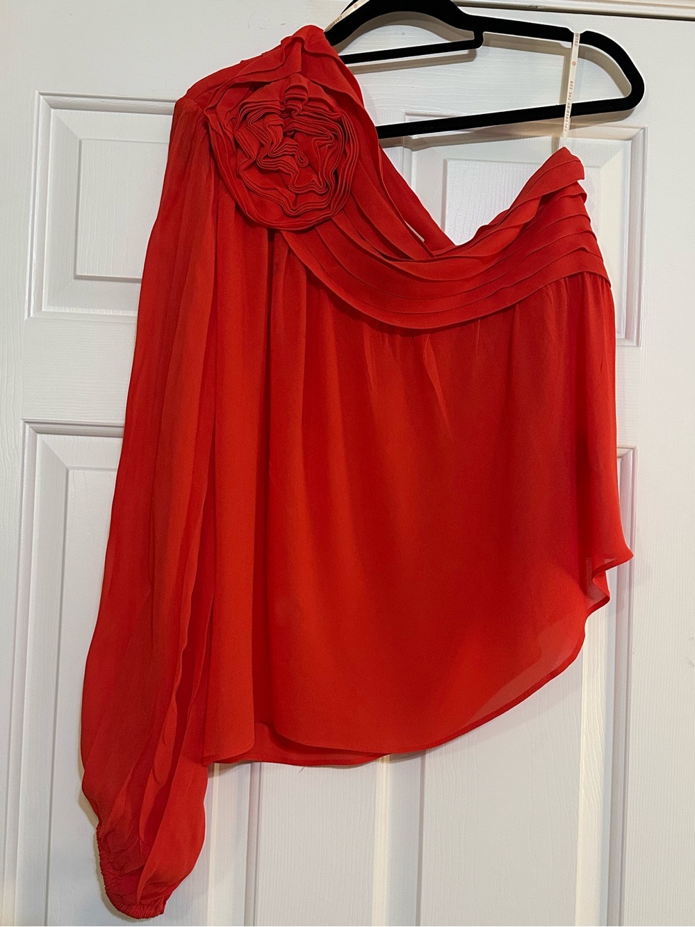 FARM Rio Rose One Shoulder Rosette Pleated Chiffon Blouse Coral Red Size M - Picture 2 of 15